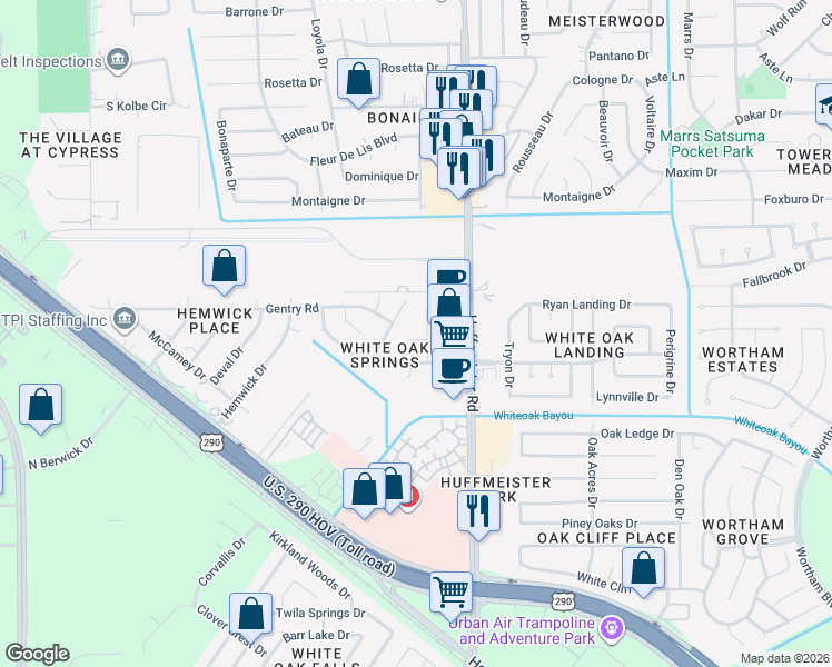 map of restaurants, bars, coffee shops, grocery stores, and more near 10838 White Oak Trace Drive in Cypress