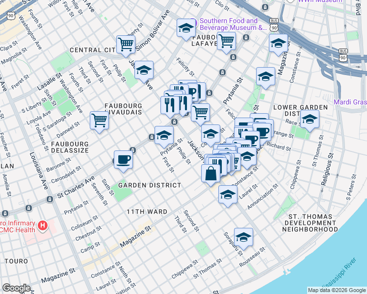 map of restaurants, bars, coffee shops, grocery stores, and more near 1433 Philip Street in New Orleans