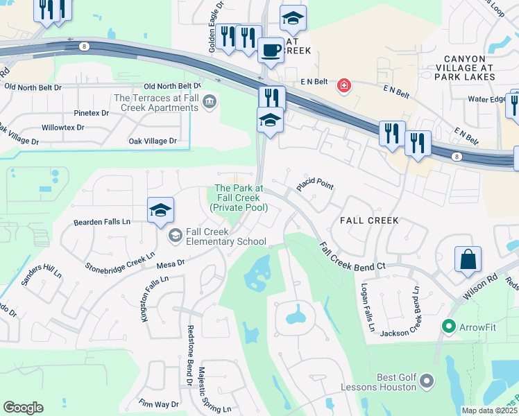 map of restaurants, bars, coffee shops, grocery stores, and more near 8003 Jayci Park Lane in Humble