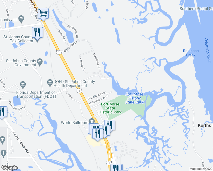 map of restaurants, bars, coffee shops, grocery stores, and more near 1255 Ponce Island Drive in St. Augustine
