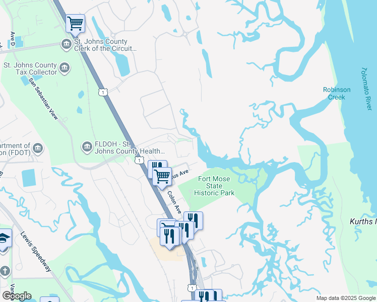 map of restaurants, bars, coffee shops, grocery stores, and more near 1255 Ponce Island Drive in St. Augustine