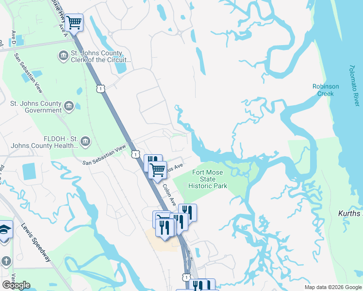 map of restaurants, bars, coffee shops, grocery stores, and more near 1255 Ponce Island Drive in St. Augustine