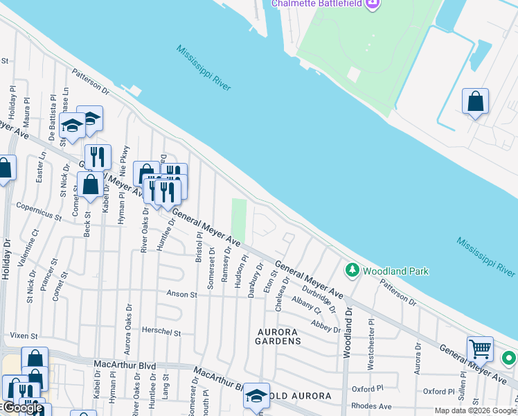 map of restaurants, bars, coffee shops, grocery stores, and more near 23 Navigation Court in New Orleans