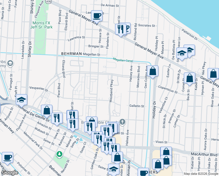 map of restaurants, bars, coffee shops, grocery stores, and more near 2078 Westbend Parkway in New Orleans