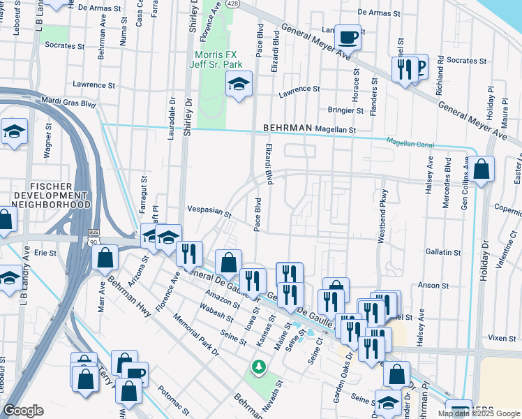 map of restaurants, bars, coffee shops, grocery stores, and more near 1951 Elizardi Boulevard in New Orleans