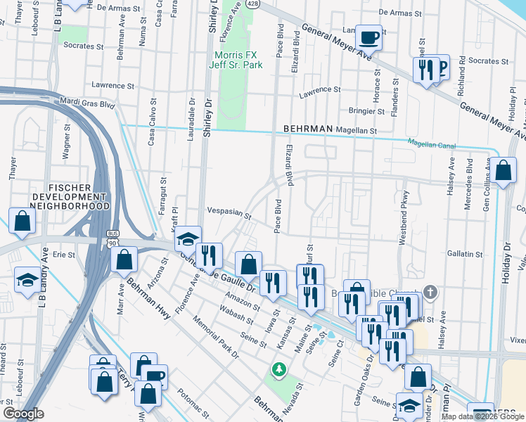 map of restaurants, bars, coffee shops, grocery stores, and more near 2679 Wall Boulevard in New Orleans