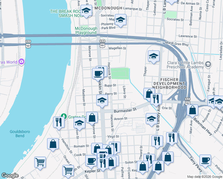 map of restaurants, bars, coffee shops, grocery stores, and more near 928 Rupp Street in Gretna