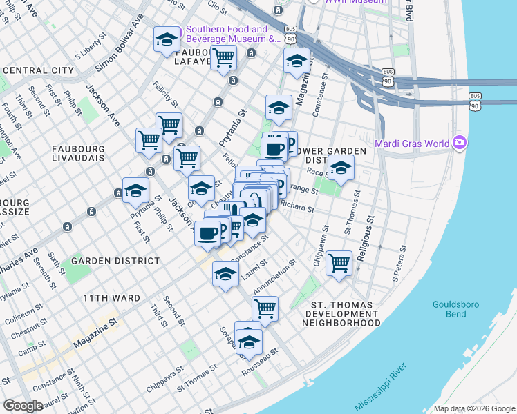 map of restaurants, bars, coffee shops, grocery stores, and more near in New Orleans
