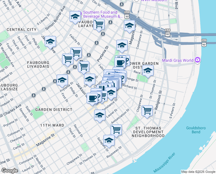 map of restaurants, bars, coffee shops, grocery stores, and more near in New Orleans