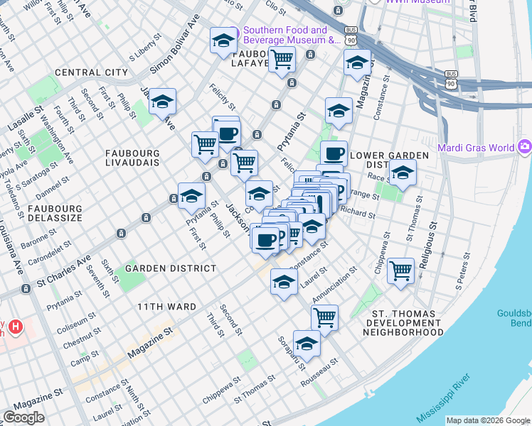 map of restaurants, bars, coffee shops, grocery stores, and more near 1300 Saint Andrew Street in New Orleans