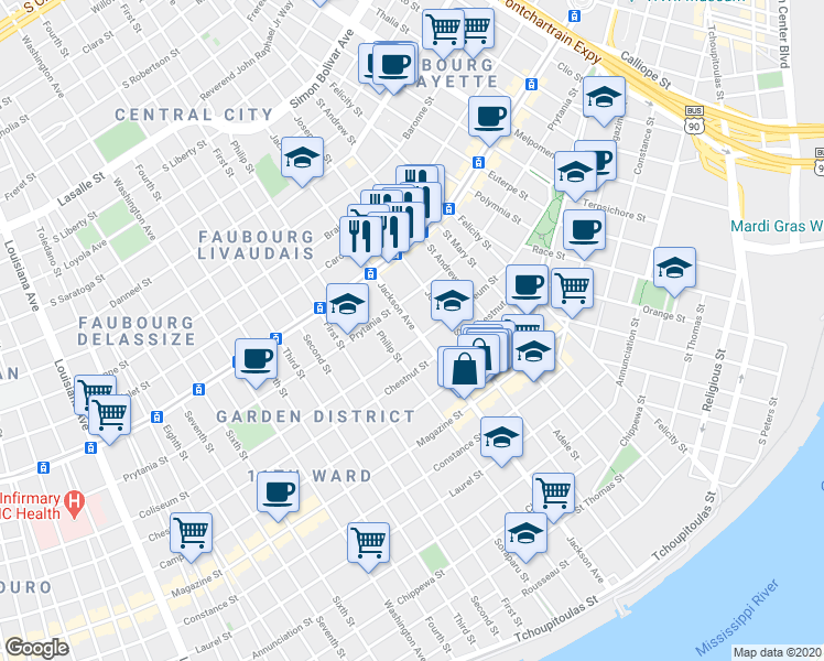 map of restaurants, bars, coffee shops, grocery stores, and more near 1436 Jackson Avenue in New Orleans