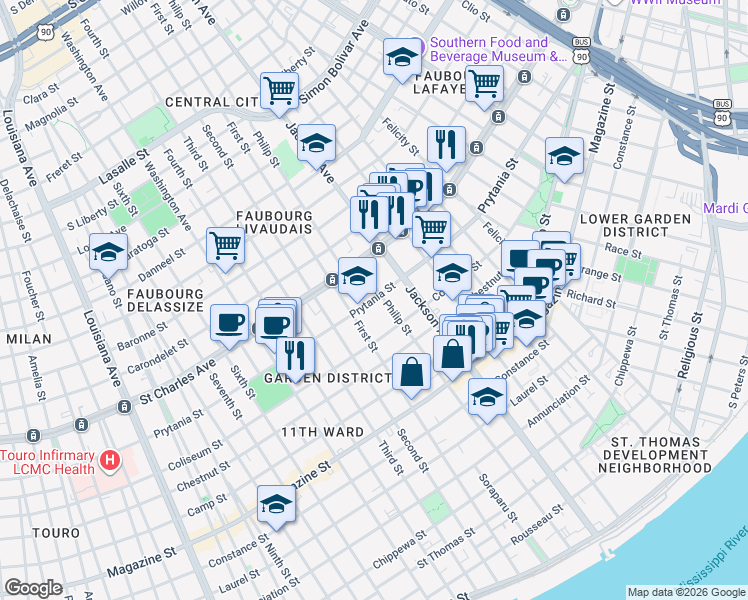 map of restaurants, bars, coffee shops, grocery stores, and more near 2343 Prytania Street in New Orleans