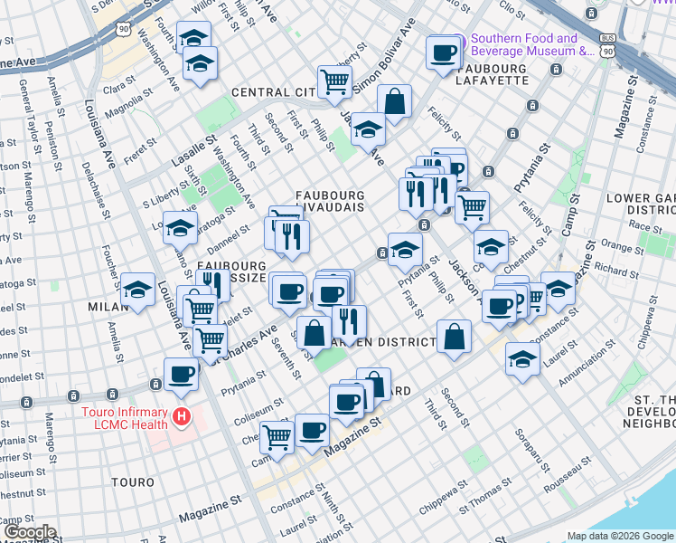 map of restaurants, bars, coffee shops, grocery stores, and more near 2618 Carondelet Street in New Orleans