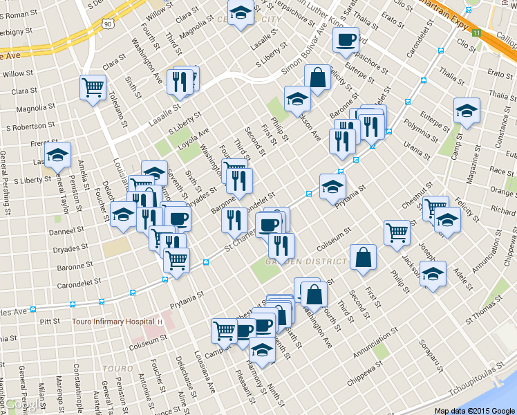 map of restaurants, bars, coffee shops, grocery stores, and more near 2618 Carondelet Street in New Orleans