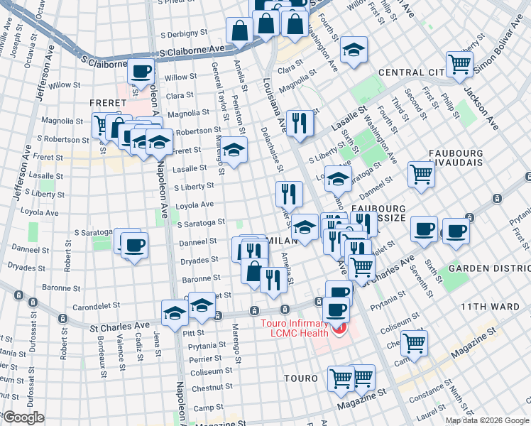 map of restaurants, bars, coffee shops, grocery stores, and more near 2101 Amelia Street in New Orleans
