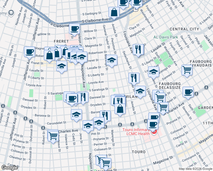 map of restaurants, bars, coffee shops, grocery stores, and more near 2131 Marengo Street in New Orleans