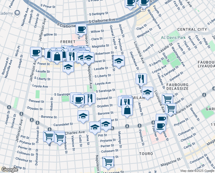 map of restaurants, bars, coffee shops, grocery stores, and more near 4210 Loyola Avenue in New Orleans