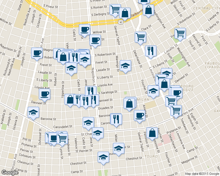 map of restaurants, bars, coffee shops, grocery stores, and more near 4210 Loyola Avenue in New Orleans