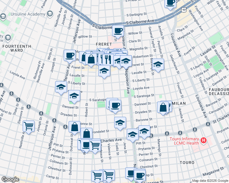 map of restaurants, bars, coffee shops, grocery stores, and more near 2219 Cadiz Street in New Orleans