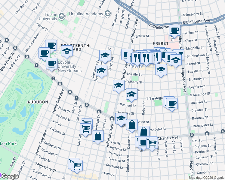 map of restaurants, bars, coffee shops, grocery stores, and more near 5417 Loyola Avenue in New Orleans