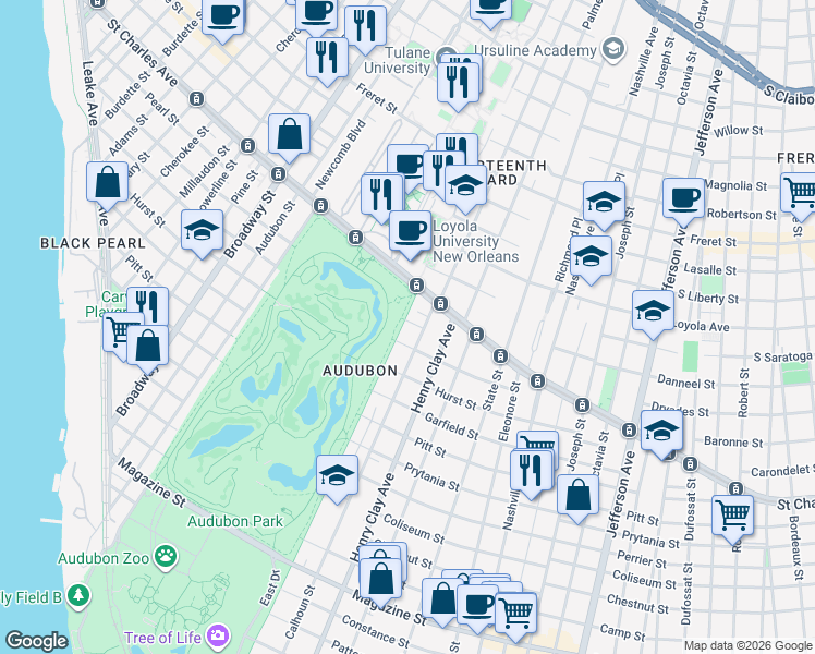 map of restaurants, bars, coffee shops, grocery stores, and more near 1571 Exposition Boulevard in New Orleans