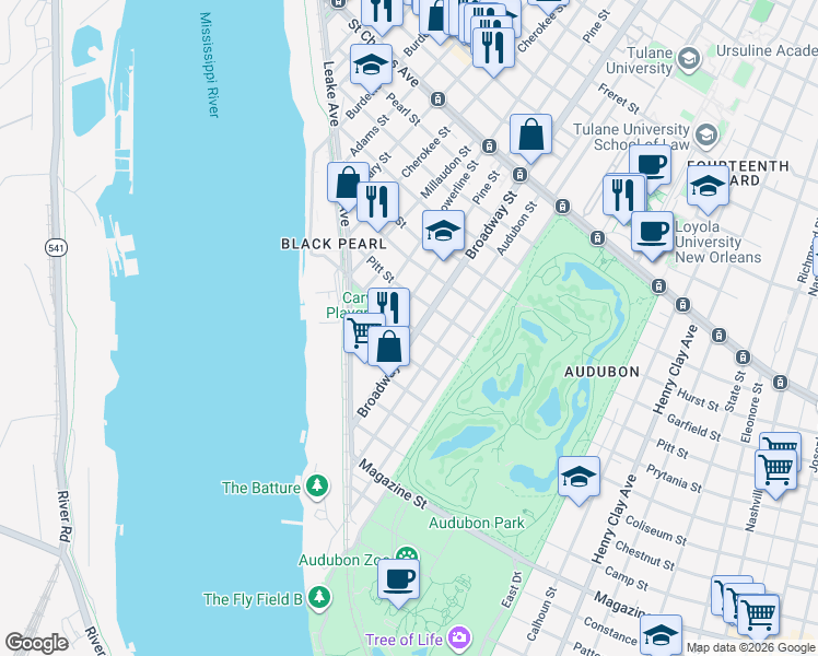 map of restaurants, bars, coffee shops, grocery stores, and more near 82 Pine Street in New Orleans