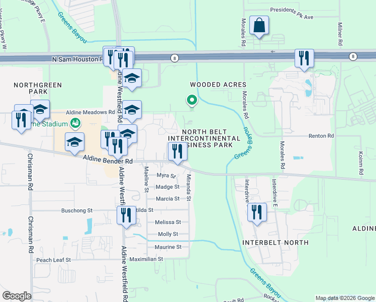 map of restaurants, bars, coffee shops, grocery stores, and more near 2219 Aldine Bender Road in Houston