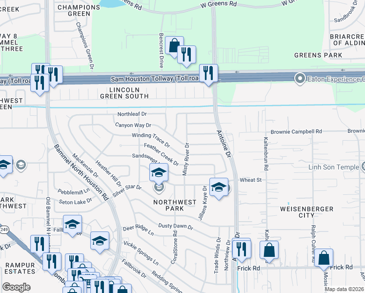 map of restaurants, bars, coffee shops, grocery stores, and more near 6662 Canyon Way Drive in Houston