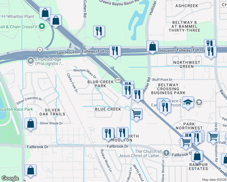map of restaurants, bars, coffee shops, grocery stores, and more near 15153 Texas 249 in Houston