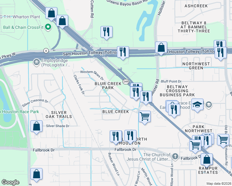 map of restaurants, bars, coffee shops, grocery stores, and more near 15153 Texas 249 in Houston