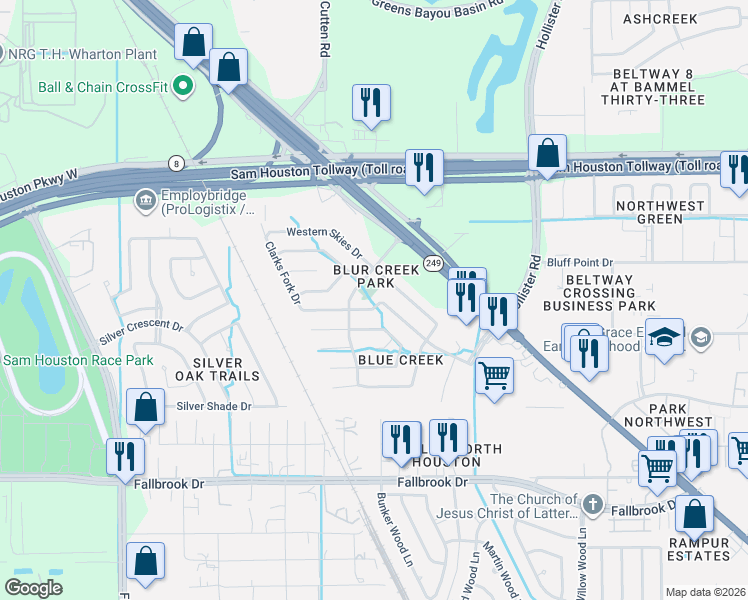 map of restaurants, bars, coffee shops, grocery stores, and more near 15311 Western Skies Drive in Houston