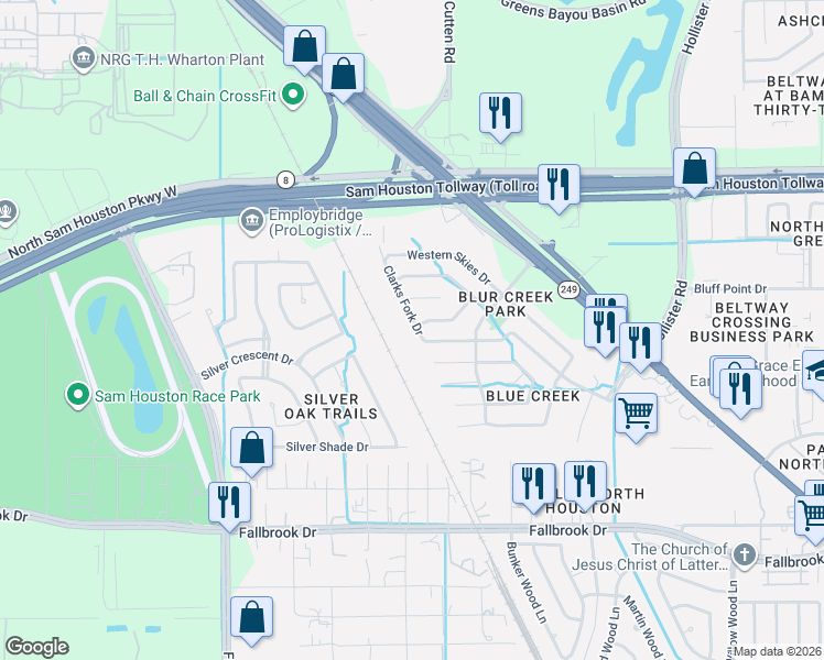 map of restaurants, bars, coffee shops, grocery stores, and more near 13639 Clarks Fork Drive in Houston