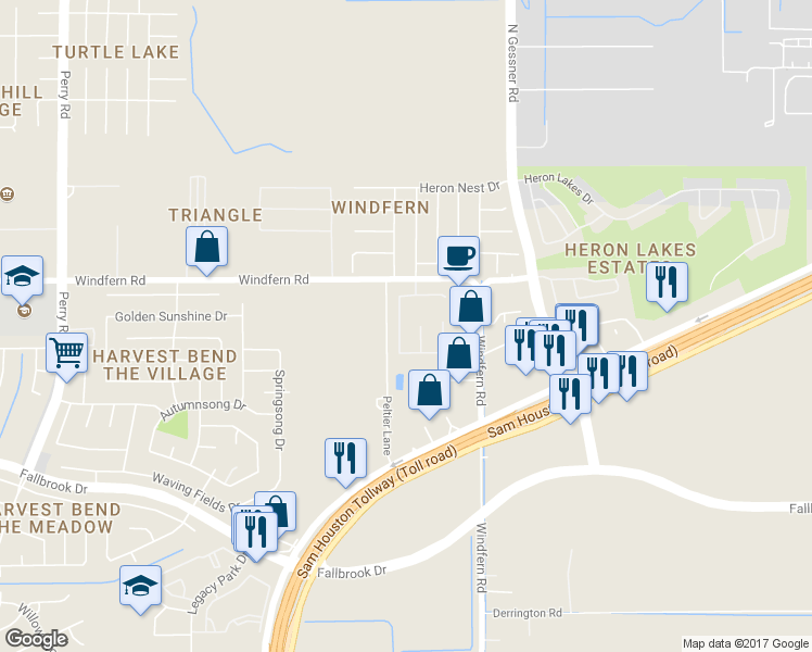 map of restaurants, bars, coffee shops, grocery stores, and more near 10915 Windfern Lakes Street in Houston