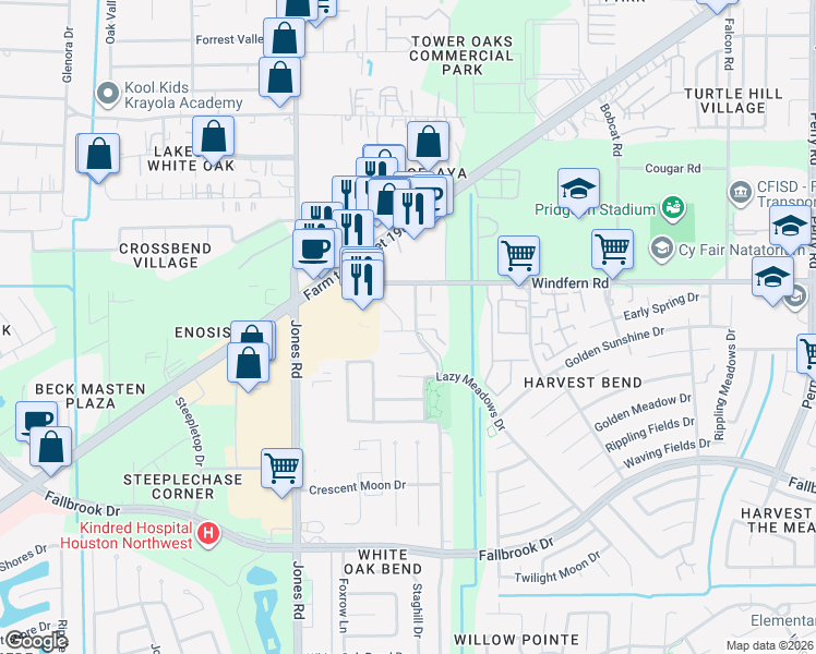 map of restaurants, bars, coffee shops, grocery stores, and more near 10726 Starlit Meadows Court in Houston