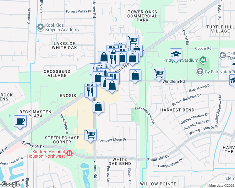 map of restaurants, bars, coffee shops, grocery stores, and more near 11027 Mistic Moon Court in Houston