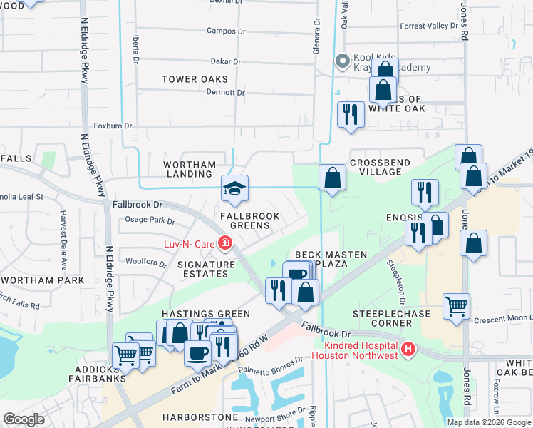 map of restaurants, bars, coffee shops, grocery stores, and more near 10835 Cliffton Forge Drive in Houston