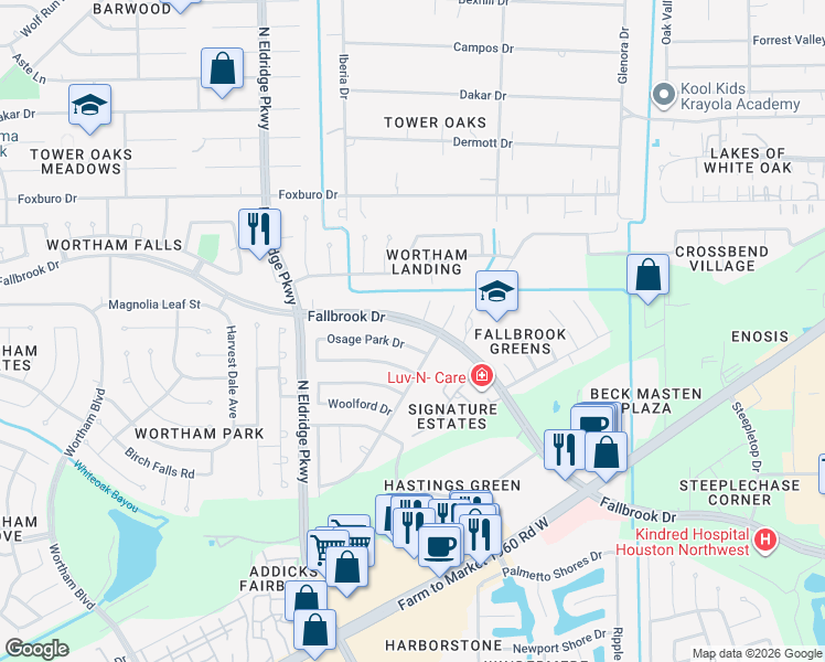 map of restaurants, bars, coffee shops, grocery stores, and more near 11931 Fallbrook Drive in Houston