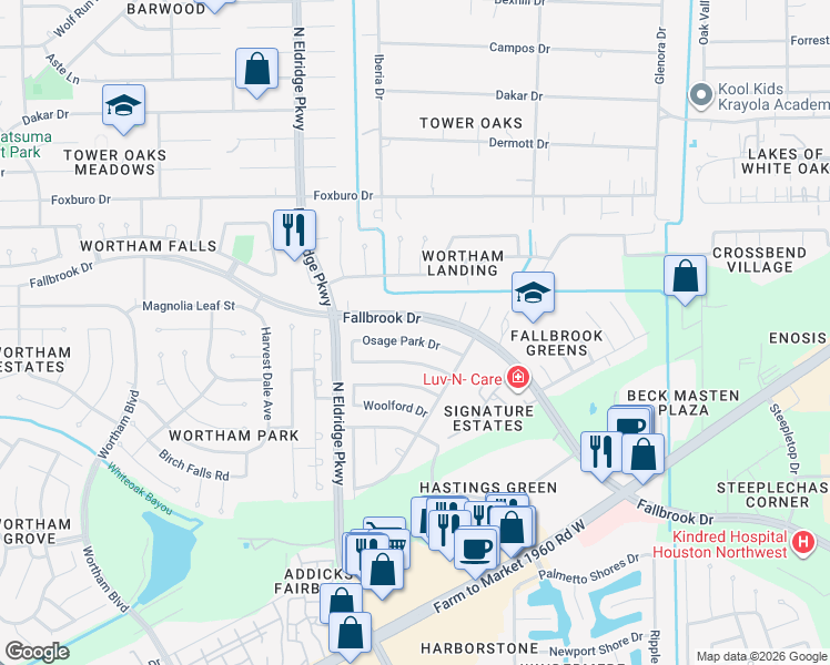 map of restaurants, bars, coffee shops, grocery stores, and more near 12023 Fallbrook Drive in Houston
