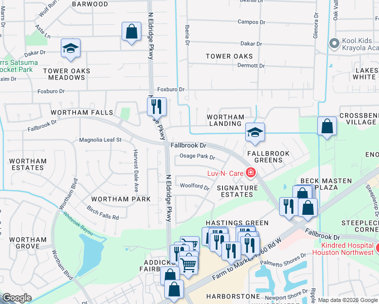 map of restaurants, bars, coffee shops, grocery stores, and more near 12023 Fallbrook Drive in Houston