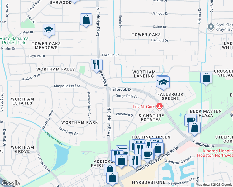 map of restaurants, bars, coffee shops, grocery stores, and more near 12119 Fallbrook Drive in Houston