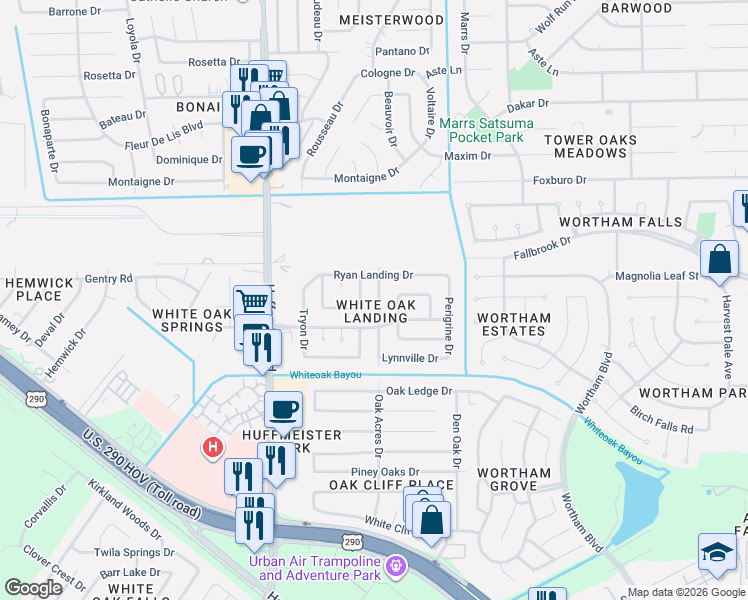 map of restaurants, bars, coffee shops, grocery stores, and more near 10826 Oak Acres Drive in Houston