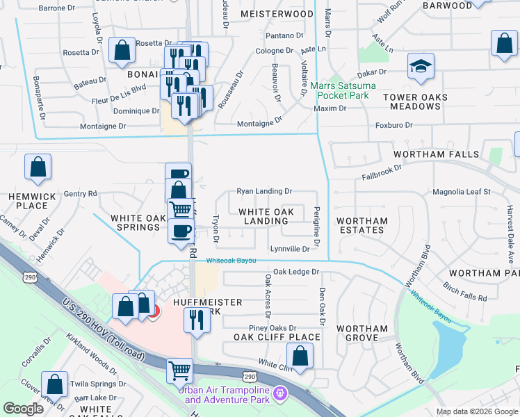 map of restaurants, bars, coffee shops, grocery stores, and more near 10831 Ryan Oaks Drive in Houston