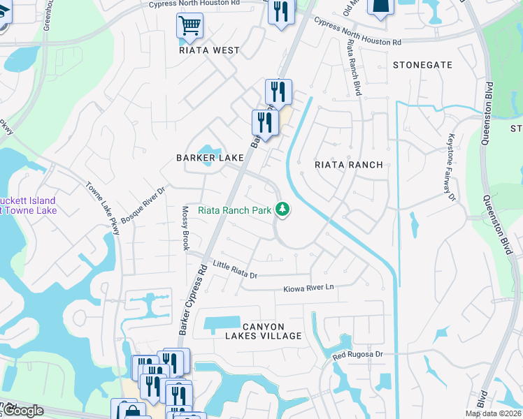 map of restaurants, bars, coffee shops, grocery stores, and more near 17531 Brushy River Court in Houston