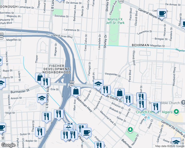 map of restaurants, bars, coffee shops, grocery stores, and more near 2068 Farragut Street in New Orleans