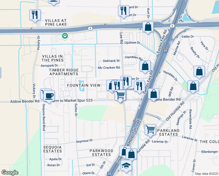 map of restaurants, bars, coffee shops, grocery stores, and more near 5609 Aldine Bender Road in Houston