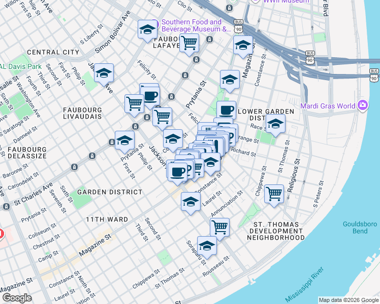 map of restaurants, bars, coffee shops, grocery stores, and more near 1300 Saint Andrew Street in New Orleans