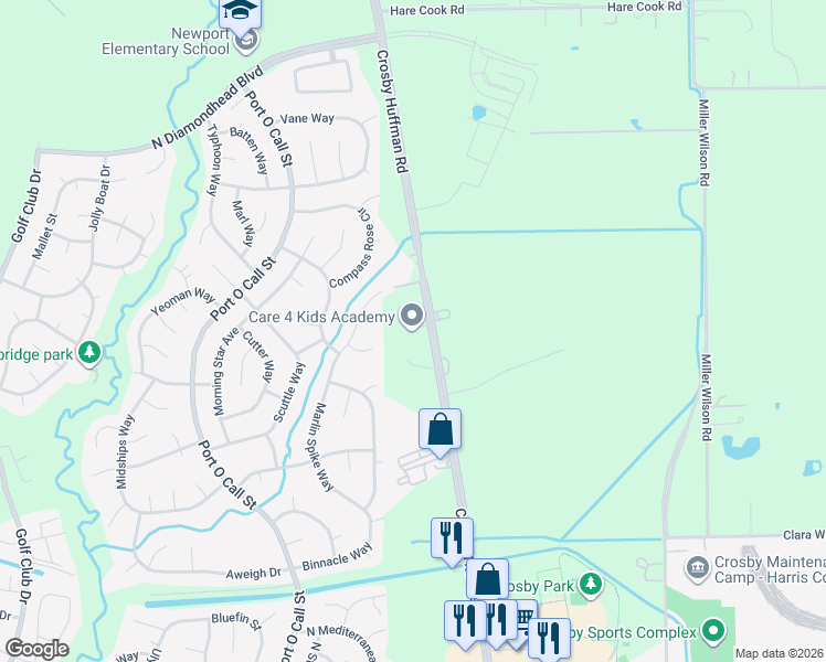 map of restaurants, bars, coffee shops, grocery stores, and more near 302 Dock Court in Crosby