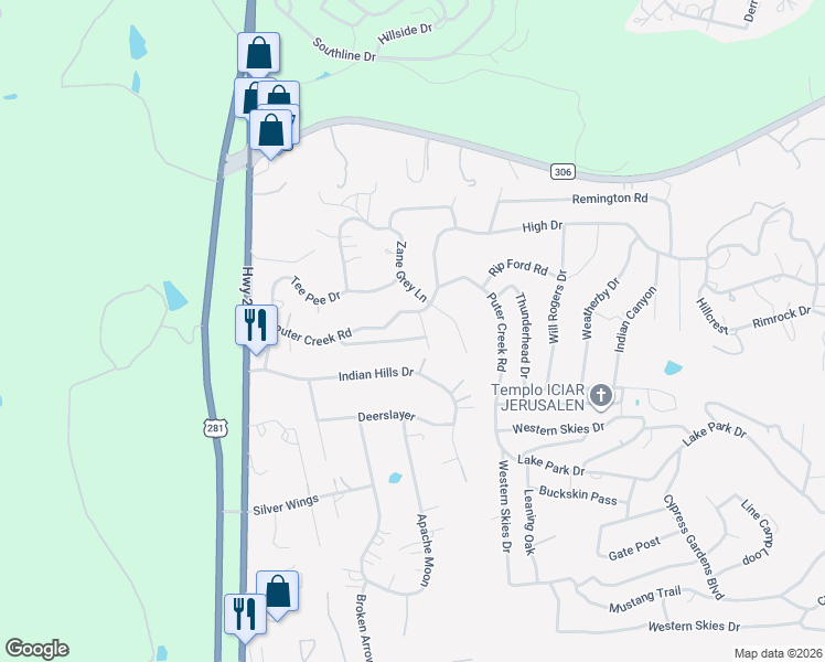 map of restaurants, bars, coffee shops, grocery stores, and more near 2560 Puter Creek Road in Spring Branch