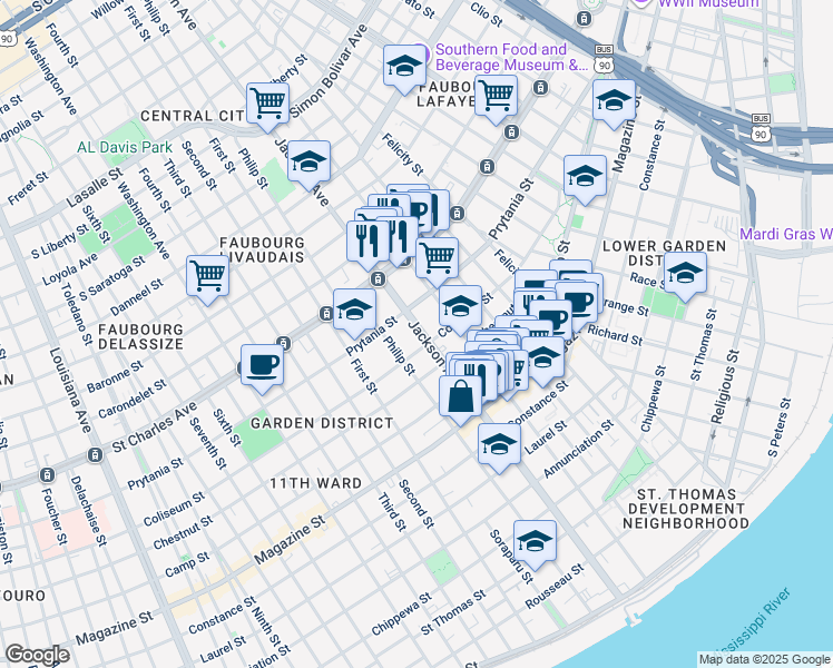 map of restaurants, bars, coffee shops, grocery stores, and more near 1436 Jackson Avenue in New Orleans