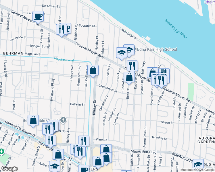 map of restaurants, bars, coffee shops, grocery stores, and more near 2143 Easter Lane in New Orleans